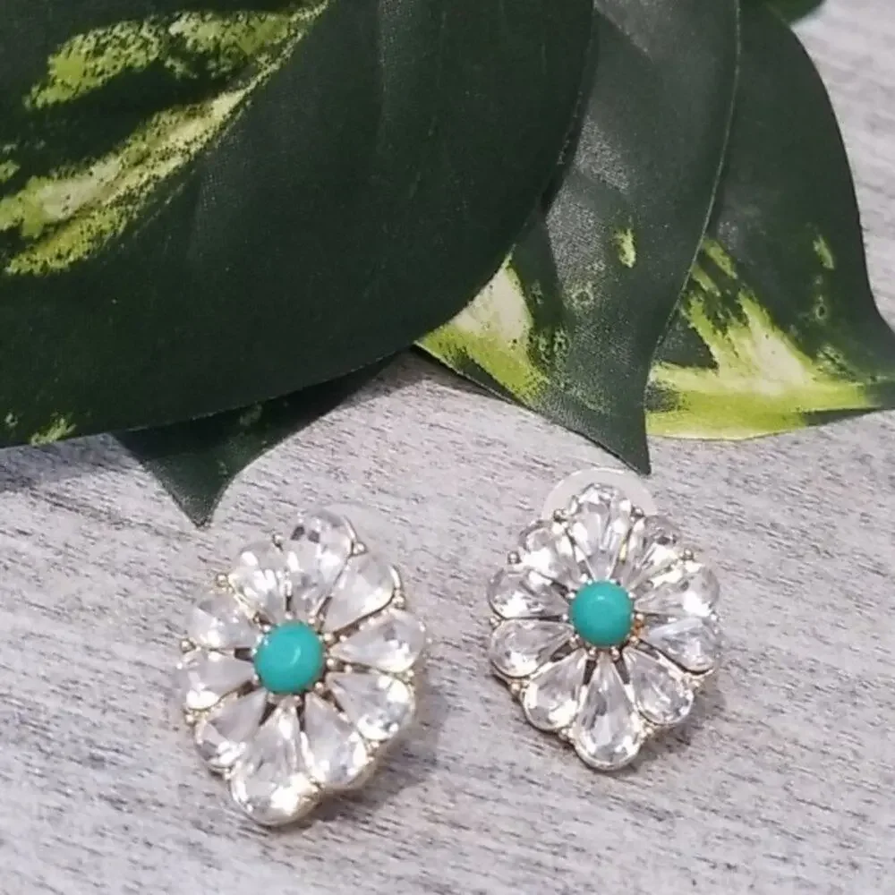 Crystal & Stone Floral Gold Tone Post Earrings NEW